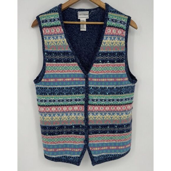 Sweaters - 90s Granny Sweater Vest Sequin Knit Beads Women's Size Small Napa Valley Vintage